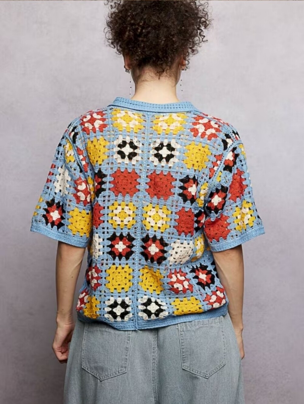 POL Multicolor Crochet Button-Up Top - Blue, Yellow, Red, Black, White - Picture 4 of 4